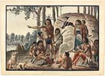 Une famille appartenant à la tribu des Indiens Saulteux qui vivent en liberté dans la région de la rivière Rouge ca. 1821