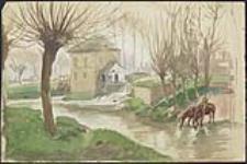 Soldat abreuvant des chevaux près d'un moulin, Somme [entre le 31 octobre et le 9 décembre 1916].