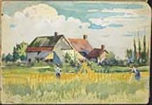 Paysage rural avec des paysans travaillant aux champs, Flandre française 1917