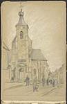 Vue de ville avec des piétons et une église [between October 25, 1916 and March 26, 1919].