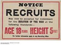 Notice, Recruits, Age Eighteen Years Old, Height Five Feet 1914-1918