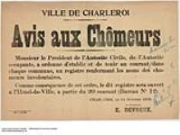 Ville de Charleroi, Avis aux Chômeurs, 14 Octobre 1916 1916