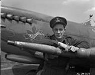[Flying Officer posing next to the armament of a Spitfire]