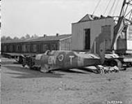 Vickers-Supermarine Spitfire IX aircraft MJ832 DN:T of No. 416 (City of Oshawa) Squadron, R.C.A.F., abandoned by the Luftwaffe at Vught, Holland November 11, 1944.