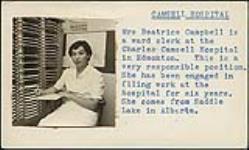 [Mrs. Beatrice Campbell filling out paperwork at the Charles Camsell Hospital, Edmonton, Alberta ] [between 1956-1960]