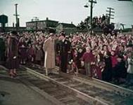 Crowd of children greet the Duke of Edinburgh during his visit to Amherst, Nova Scotia 1951