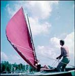 Rigging a sailing dinghy on Canoe Lake at the Taylor Stallen Camps, Algonquin Park, Ontario. July 1951.