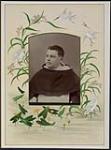 Portrait of unidentified man wearing white collar and black robe with illustrated lily pads, foliage and birds s.d.