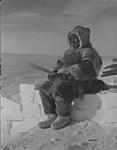 Inuit man in a caribou parka holding a snow knife and sitting on a partially constructed igloo  n.d.