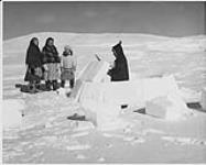 Three Inuit Women observe an Inuit man carving an Igloo January, 1946
