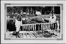 Girl and boy on a dock, displaying a wooden board holding fish, Mattagami Post, Ontario August 1, 1927