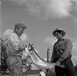 Men holding a trout, Flin Flon, Manitoba 29 juin 1956.