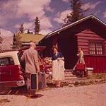 [People arriving at a cabin, Alberta] August 1956