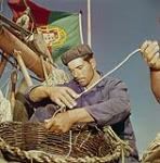 A Portuguese fisherman coiling twine into a basket. The Portuguese flag can be seen behind him. Newfoundland. 1961