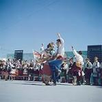 Traditional dancing at the Dominion Day celebration. Winnipeg, Manitoba. [Danses traditionnelles à la célébration de la fête du Dominion. Winnipeg, Manitoba.] 01 juillet 1961