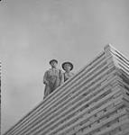 Gaspé 1951, (2) deux hommes debout sur une pile de bois 1951
