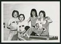 Chilliwack's opening show of their spring tour was a sellout in Kamloops, B.C. Celebrating backstage are (left to right): JC55 Jocks Jim Keller & Nick Carter, Chilliwack's Bill Henderson and JC55 P.D. Shawn Rosvold [between 1977-1984].