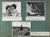 Album page twenty-five with photographs of an Inuit woman giving her child a kunik, Dr. Moody inspecting the food box in an Inuit tent, and the grave of Mrs. M.A. Clay in Chesterfield Inlet (Igluligaarjuk), Nunavut 1948.