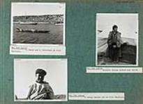 Album page thirty-five with photographs of a kayak and a Peterhead boat, an Inuit woman and her child standing outside of a tent, and a young Inuit boy in Inukjuak (formerly Port Harrison), Quebec 1948.