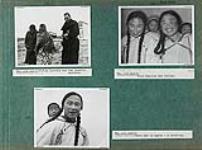 Album page forty with photographs of Bishop Lacroix and two Inuit women standing outside of the Roman Catholic mission, the same two young Inuit women from the previous album page carrying babies in their amautiit on their backs, and another photograph of the Inuit girl carrying her baby-sister in her amauti in Naujaat (formerly known as Repulse Bay), Nunavut 1948.