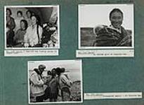 Album page forty-one with photographs of an Inuit family inside of their tent, an Inuit woman carrying a baby in her shawl on her back, and S.J. Bailey talking to two young Inuit women who are carrying babies in their amautiit on their backs in Naujaat (formerly known as Repulse Bay), Nunavut 1948.