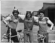 Portrait of the CHUM Toronto trio Bob Magee, Gord James, and Roger Ashby at the 7th Annual Variety Club Bike-a-Thon. Toronto. 1050 CHUM [between 1980-1990]