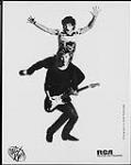 Press portrait of Hall and Oates: Daryl Hall playing guitar and John Oates jumping ca. 1984.