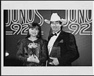 Ian Tyson and Sylvia Tyson holding their Hall of Fame awards at the1992 Juno Awards 1992