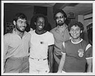 Dave Vosko, Eddy Grant, Robin Ram and Greg Malta enjoying themselves at the Eddy Grant Squash Tournament [entre 1982-1985].