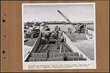 Men rolling sleds of gas from L.C.M. [ Landing craft] to sleds on beach [ca. 1949-1950].