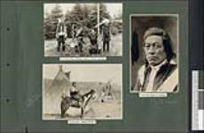 [Page from an album with three photographs: four Ojibway police chiefs; a Plains First Nation woman on horseback; and, Pimotat, from Star Blanket Reserve, Cree Nation, File Hills, Saskatchewan.] [ca. 1920-1930].