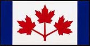 Final Flag Design selected from Group A by the Canadian Flag Committee featuring three red maple leaves on a white background and with a blue stripe on either side 1964