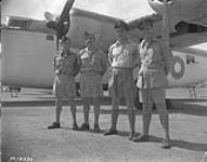 Four Martimers flying with this Liberator Squadron in Ceylon are left to right Pilot Officer Ronny Tomkins, Sgt. Lloyd Munson, Pilot Officer Wally Wallace and Pilot Officer Jim Strachan 4 August 1943.