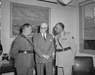 Indian General Visits Ottawa. Right to Left: General K.S. Thimayya, Minister of National Defence, Mr. Pearkes, and Maj-Gen. S.F. Clark, Chief of the General Staff September 1958.
