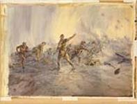 Lady Elizabeth Southerden Butler. Cede Nullis, the Bombers of the 8th Canadian Infantry on Vimy Ridge, 9th April 1917. Watercolour over pencil on wove paper laid down onto cardboard, 1918. 