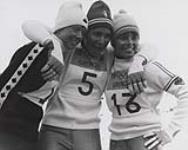 Nancy Greene, silver medal winner in slalom, with two other medallists, Marielle Goitschel and Annie Formose at 1968 Winter Olympics 15 February, 1968