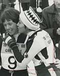 Nancy Greene being congratulated by skier Fernande Bochatay after winning the giant slalom at the 1968 Winter Olympics in Grenoble, France 15 February, 1968