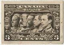 Essai de collage pour un timbre-poste non émis représentant les monarques britanniques, de la reine Victoria au roi George VI.