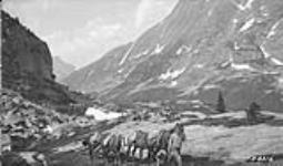 Packing monument material to a station in Athabasca Pass. Alberta-BC boundary survey 1921