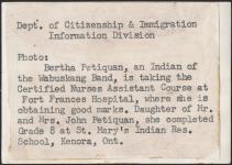 [Bertha Petiquan, a Anishinaabe woman from Wabauskang First Nation]. Original title: Bertha Petiquan, an Indian of the Wabuskang Band, is taking the certified Nurses Assistant Course at Fort Frances Hospital, where she is obtaining good marks [between 1900-1976]