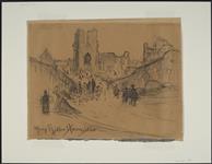 The Ramparts and Menin gate, Ypres, with the Cloth-hall in the background 1920