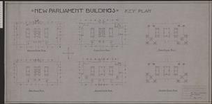 New Centre Block, Parliament Buildings, Ottawa. Key plan of exterior andcourts. Main, second, third and fourth floor plan 1917.