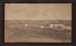 [Group of tents with Moosejaw in the distance] [ca. 1885]