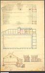 Proposed drill shed, Brantford, Ont. [Plan of roofs, basement and foundation plan, section, caretakers house]. [architectural drawing] 1889