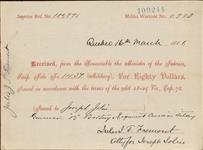 Receipt - Jolin, Joseph - Gunner - B Battery Regiment Canadian Artillery - Scrip number 1437 [between 1885-1913]
