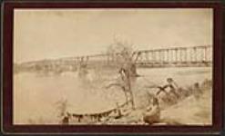 [First Nation man sitting by water with string of pemmican hung between tree stumps]. Original title: Bridge at Medicine Hat, N.W.T [ca. 1885]