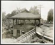 [Side view of Rockcliffe Station, Ottawa Electric Railway with workers on the tracks] [1927-1932].