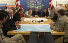 [Prime Minister Stephen Harper, joined by Leona Aglukkaq and Ryan Harris, Senior Underwater Archaeologist and Project Lead, Underwater Archaeology Service, Parks Canada, announces the discovery of one of the ships belonging to the ill-fated Franklin Expedition lost in 1846] 9 September 2014