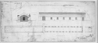 Plan Section and Elevation of the Barrack proposed to be built within the Fort of Chambly. R.S. Piper, Captain, R.E. [architectural drawing] [1831?]