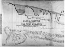 Plan & section of part of the River Coulonge from dead water above high falls to dead water below rapids shewing the position for a slide. Ottawa, 23rd September 1864. This is the plan referred to in the Articles of Agreement this day entered into between John Robertson O'Connor and Her Majesty Queen Victoria and which is to be deposited in the Department of Public Works. [cartographic material] 1864